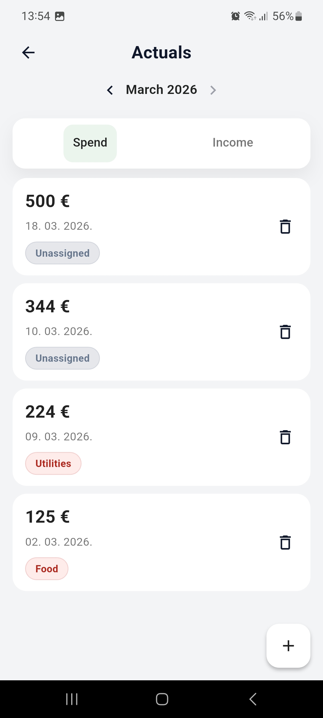 Actuals screen with spending entries