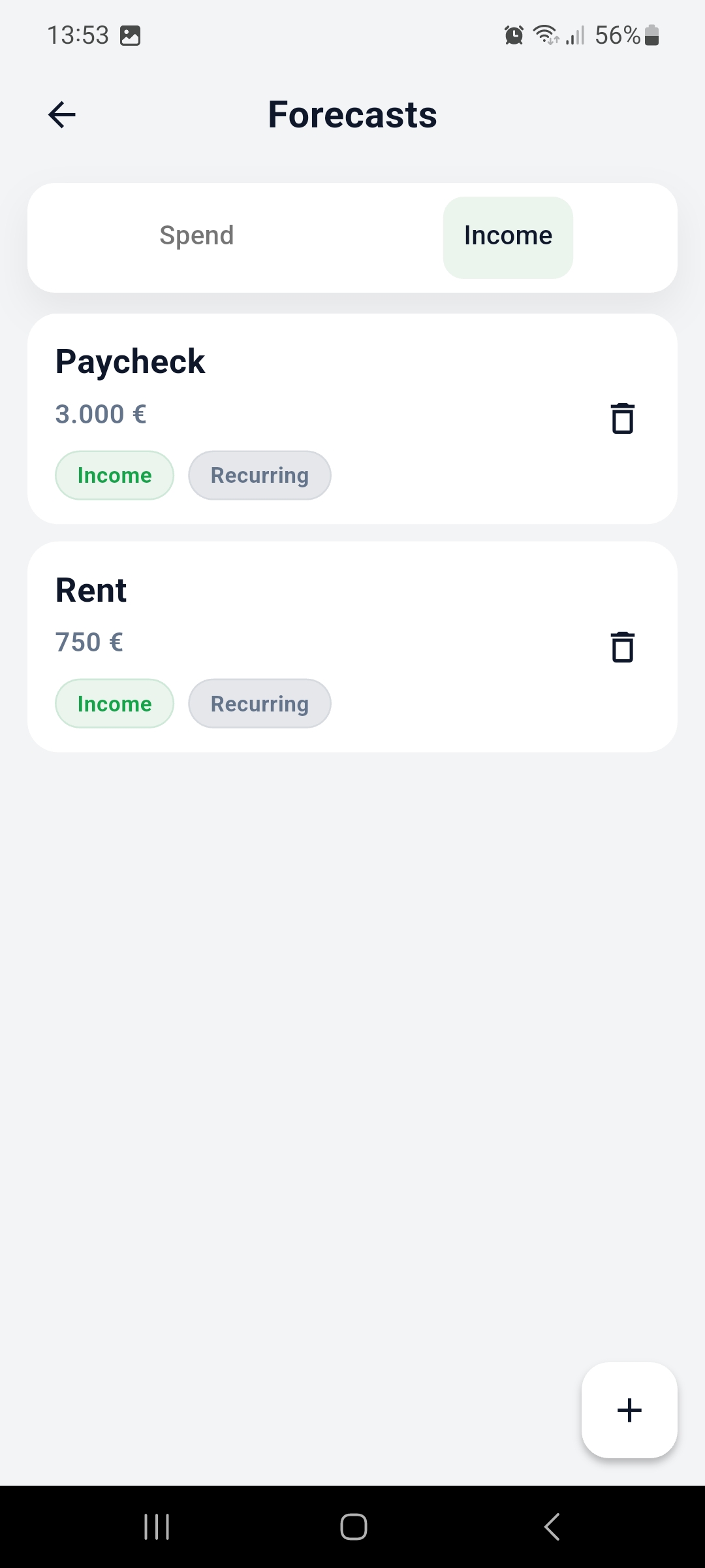 Forecasts screen with income items