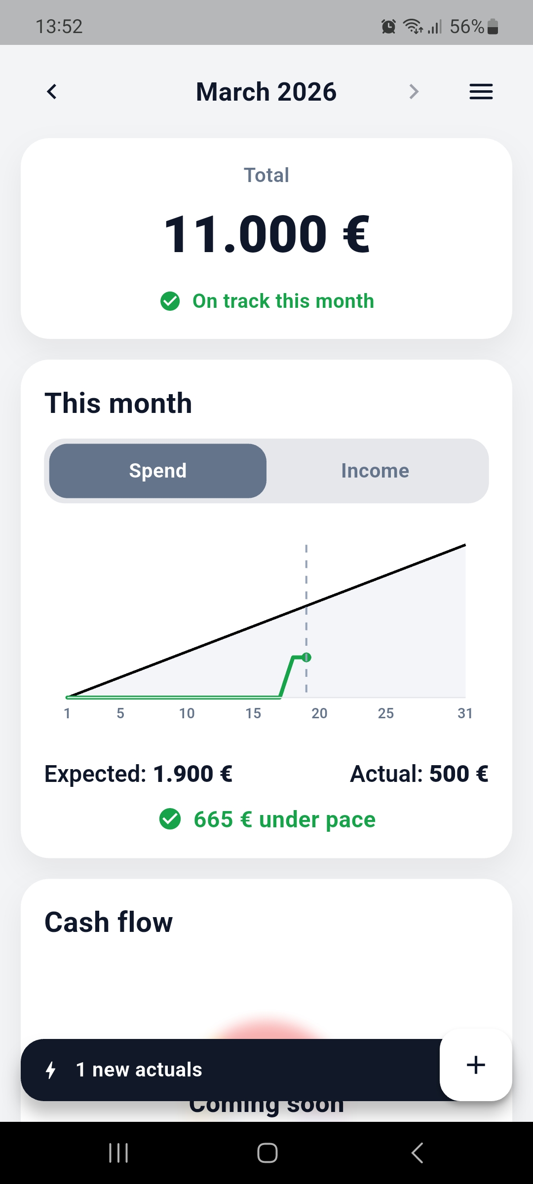 MoneyPace home screen showing monthly overview